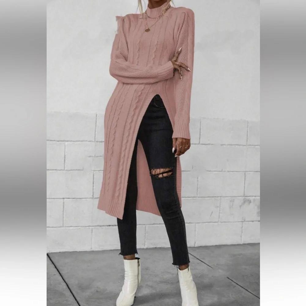 Luxe red high neck cable knit slit thigh sweater top